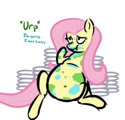 Size: 1280x1227 | Tagged: safe, artist:zeldafan777, fluttershy, g4, belly, belly button, chubby, dishes, fat, fattershy, female, messy, messy eating, solo, stuffed, stuffing, weight gain
