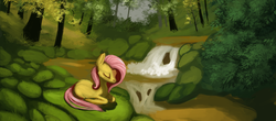 Size: 3684x1623 | Tagged: safe, artist:hoofboot, fluttershy, pony, g4, eyes closed, female, grass, mare, prone, solo, tree