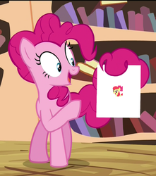 Size: 717x810 | Tagged: safe, artist:the smiling pony, edit, edited screencap, screencap, apple bloom, pinkie pie, earth pony, pony, derpibooru, g4, season 4, three's a crowd, apple bloom's bow, blue eyes, bow, female, filly, foal, golden eyes, hair bow, looking at you, mare, meta, open mouth, open smile, pink body, pink coat, pink fur, pink hair, pink mane, pink pony, pink tail, pinkie's exciting flyer, poofy hair, poofy mane, poofy tail, prehensile tail, red hair, red mane, simple background, smiling, solo, tail, tail hold, thumbnail generation, white background, yellow body, yellow coat, yellow fur, yellow pony