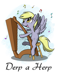 Size: 800x1001 | Tagged: safe, artist:joieart, derpy hooves, pegasus, pony, g4, female, harp, mare, music notes, musical instrument, playing, sitting, solo, stool, upside down