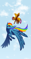 Size: 1282x2472 | Tagged: safe, artist:hoofboot, rainbow dash, scootaloo, g4, flying, scootaloo can fly