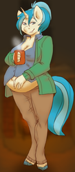 Size: 411x942 | Tagged: safe, artist:muh-arts, artist:vella, allie way, anthro, g4, belly, belly button, big belly, clothes, coffee, colored, looking at you, pregnant, solo