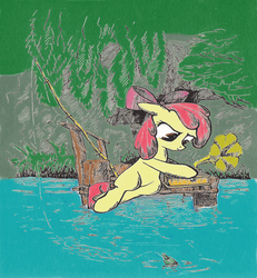 Size: 986x1069 | Tagged: safe, artist:digitalpheonix, artist:mcstalins, apple bloom, g4, colored, female, fishing, fishing rod, gramophone, solo, water