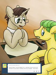 Size: 1280x1707 | Tagged: dead source, safe, artist:writtenwaiver, uncle orange, oc, earth pony, pony, unicorn, divorce, duo, glasses, hooves together, lawyer, this will end in tears