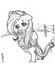 Size: 851x1000 | Tagged: safe, artist:abronyaccount, fluttershy, pony, g4, bipedal, bottomless, clothes, female, lineart, megatokyo, monochrome, partial nudity, sad girl in snow, snow, snowfall, solo, sweater, sweatershy