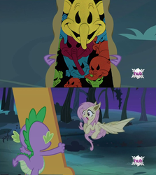 Size: 1088x1220 | Tagged: safe, edit, fluttershy, spike, bat pony, elephant, pony, bats!, g4, season 4, disney, dumbo, flutterbat, flutterbat's mirror, meme, mirror, pink elephants, pink elephants on parade, race swap