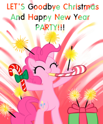 Size: 500x600 | Tagged: safe, artist:apzzang, pinkie pie, earth pony, pony, g4, ^^, ask-grow-pinkie, bipedal, candy cane, eyes closed, female, hoof hold, party horn, present, solo, sparkler (firework)