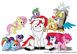 Size: 1772x1253 | Tagged: safe, artist:jcosneverexisted, applejack, discord, fluttershy, pinkie pie, rainbow dash, rarity, spike, twilight sparkle, oc, oc:peruvian earth, g4, baby spike, christmas, christmas stocking, filly, mane seven, mane six, ponified, red nose, santa claus