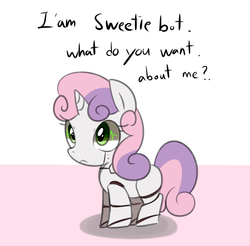 Size: 1280x1261 | Tagged: dead source, safe, artist:maren, sweetie belle, pony, robot, unicorn, g4, blank flank, female, filly, foal, hooves, horn, solo, sweetie bot, sweetierpg, text
