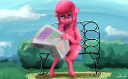 Size: 3726x2317 | Tagged: safe, artist:sharpieboss, pinkie pie, earth pony, anthro, g4, bench, female, newspaper, sitting, solo, wat