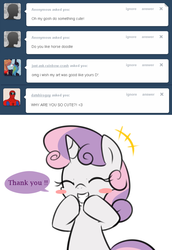 Size: 1000x1450 | Tagged: safe, artist:maren, sweetie belle, pony, unicorn, g4, ask, asksweetiebelle-kor, blushing, cute, diasweetes, eyes closed, female, filly, solo, sweetierpg, tumblr