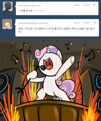 Size: 1000x1200 | Tagged: safe, artist:maren, sweetie belle, pony, g4, ask, asksweetiebelle-kor, bipedal, female, korean, singing, solo, stage, sweetierpg, tumblr