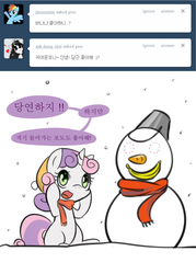 Size: 1000x1400 | Tagged: safe, artist:maren, sweetie belle, g4, ask, asksweetiebelle-kor, female, korean, snowman, solo, sweetierpg, translated in the description, tumblr