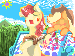 Size: 1000x752 | Tagged: dead source, safe, artist:tear, apple bloom, applejack, earth pony, pony, g4, apple sisters, car, day, duo, eyes closed, female, filly, foal, guitar, mare, music notes, musical instrument, outdoors, princess-applebloom, siblings, singing, sisters, sitting, sleeping, sun