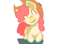 Size: 1280x752 | Tagged: safe, artist:tear, apple bloom, earth pony, pony, g4, cowboy hat, eyes closed, female, filly, foal, hat, looking at you, lying down, older, older apple bloom, princess-applebloom, simple background, smiling, smiling at you, solo, white background