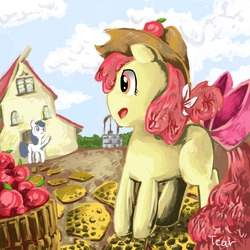 Size: 1280x1280 | Tagged: safe, artist:tear, apple bloom, earth pony, pony, g4, apple, apple basket, apple on head, bow, building, day, duo, food, hat, princess-applebloom, well