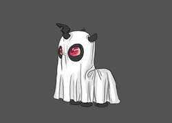Size: 810x580 | Tagged: safe, artist:carnifex, oc, oc only, oc:calliphora, changeling, changeling queen, ghost, 2spooky, bedsheet ghost, changeling oc, changeling queen oc, clothes, costume, cute, female, filly, gray background, red changeling, sheet, simple background, solo, younger