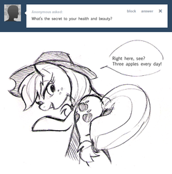 Size: 658x662 | Tagged: safe, applejack, earth pony, pony, g4, apple, applejack-kor, ask, butt, covering, cowboy hat, cutie mark, dialogue, eyelashes, female, food, freckles, hair tie, hat, looking back, monochrome, open mouth, plot, ponytail, sketch, solo, speech bubble, tail band, tail covering, translation, tumblr