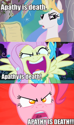 Size: 840x1430 | Tagged: safe, fluttershy, pinkie pie, princess celestia, g4, apathy, caption, image macro, star wars, star wars: knights of the old republic