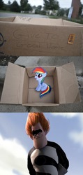 Size: 640x1339 | Tagged: safe, rainbow dash, human, pegasus, pony, fanfic:my little dashie, g4, buddy pine, dashie meme, evil people finding dash meme, exploitable meme, meme, pixar, supervillain, syndrome, the incredibles