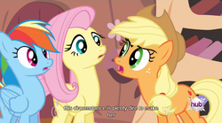 Size: 640x355 | Tagged: safe, screencap, applejack, fluttershy, rainbow dash, bats!, g4, meme, mlp-captions, youtube caption