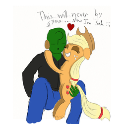 Size: 1750x1750 | Tagged: safe, artist:frikdikulous, applejack, oc, oc:anon, earth pony, human, pony, g4, colored, duo, heart, hug, simple background, sketch, white background, you will never x