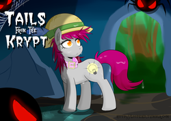 Size: 1280x905 | Tagged: safe, artist:pijinpyon, oc, oc only, oc:kryptfoal, spider, cave, collar, dripping, feather, hat, solo