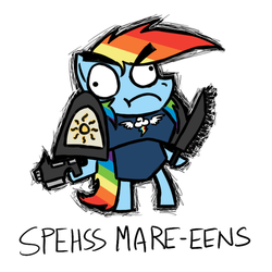 Size: 500x500 | Tagged: artist needed, safe, rainbow dash, g4, bolter, chainsword, dawn of awesome, dawn of war, female, indrick boreale, pun, simple background, solo, spess mahreen, warhammer (game), warhammer 40k, white background