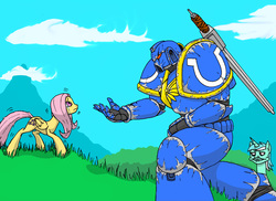 Size: 4668x3400 | Tagged: artist needed, safe, fluttershy, lyra heartstrings, g4, crossover, crying, me gusta, power armor, power sword, powered exoskeleton, space marine, spess mahreen, ultramarine, ultrasmurf, warhammer (game), warhammer 40k