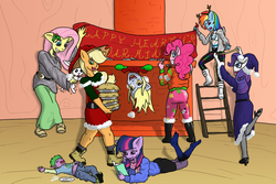 Size: 1200x800 | Tagged: safe, artist:wryte, angel bunny, applejack, derpy hooves, fluttershy, pinkie pie, rainbow dash, rarity, spike, twilight sparkle, anthro, g4, belly button, bloated, clothes, fireplace, hat, hearth's warming, holly, horseshoes, library, mane seven, mane six, midriff, pie, santa costume, scarf, skirt, stuffed, sweater, trogdor, ugly christmas sweater