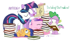 Size: 1020x600 | Tagged: safe, artist:dm29, flash sentry, princess cadance, shining armor, spike, twilight sparkle, alicorn, pony, g4, age regression, blank flank, book, colt, cute, eyes closed, female, filly, frown, julian yeo is trying to murder us, magic, mare, on back, open mouth, prone, scroll, simple background, smiling, telekinesis, transparent background, twilight sparkle (alicorn), wide eyes