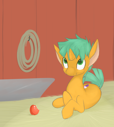 Size: 1307x1452 | Tagged: safe, artist:kryptchild, snails, g4, apple, barn, cute, hay, looking up, male, rope, solo