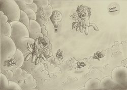Size: 2313x1647 | Tagged: safe, artist:grivous, blossomforth, derpy hooves, fluttershy, rainbow dash, spitfire, thunderlane, pegasus, pony, g4, drawing, female, flying, mare, monochrome, pencil, pencil drawing, sky