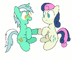 Size: 1000x818 | Tagged: safe, artist:041744, bon bon, lyra heartstrings, sweetie drops, earth pony, pony, unicorn, g4, adorabon, amused, animated, bon bon is amused, cute, duo, eyes closed, female, grin, happy, lyrabetes, open mouth, pattycakes, sitting, smiling, squee, yay