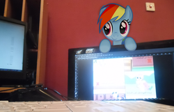 Size: 4320x2784 | Tagged: safe, artist:ahmedooy, artist:craftybrony, rainbow dash, g4, controller, duel, irl, keyboard, monitor, photo, ponies in real life, solo, vector