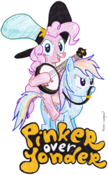 Size: 497x800 | Tagged: safe, artist:foudubulbe, pinkie pie, rainbow dash, g4, banjo, clothes, cosplay, costume, crossover, hat, musical instrument, pinkie pie riding rainbow dash, ponies riding ponies, riding, roleplaying, traditional art, unamused, wander over yonder, wander over yonder reference, wander's hat