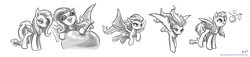 Size: 2200x500 | Tagged: safe, artist:kp-shadowsquirrel, fluttershy, bat pony, pony, bats!, g4, apple, fangs, flutterbat, flying, giant apple, licking lips, monochrome, race swap, sketch, sketch dump