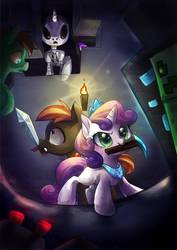 Size: 1240x1748 | Tagged: safe, artist:akamei, button mash, sweetie belle, earth pony, pony, skeleton pony, undead, unicorn, zombie, zombie pony, don't mine at night, bone, colt, creeper, dark, diamond pickaxe, female, fight, filly, foal, glowing, male, minecraft, mouth hold, pickaxe, pixiv, skeleton, sword, weapon
