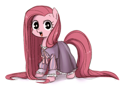 Size: 573x392 | Tagged: safe, artist:うめぐる, pinkie pie, earth pony, pony, g4, clothes, crossover, cute, cuteamena, diapinkes, dress, female, lolita fashion, long mane, mare, open mouth, pinkamena diane pie, rapunzel, simple background, solo, tangled (disney), white background
