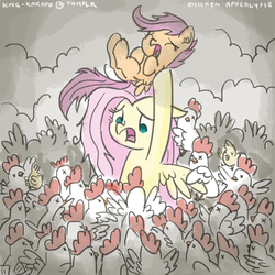 Size: 900x900 | Tagged: safe, artist:king-kakapo, fluttershy, scootaloo, bird, chicken, pegasus, pony, zombie, g4, 30 minute art challenge, bipedal, butt, chick, d:, eyes closed, female, filly, floppy ears, hoof hold, mare, messy mane, open mouth, plot, scootachicken, screaming, spread wings, x eyes