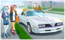 Size: 1200x750 | Tagged: safe, artist:uotapo, gilda, lightning dust, rainbow dash, sunset shimmer, equestria girls, g4, angry, backpack, belly button, bike shorts, car, cigarette, clothes, converse, equestria girls-ified, female, grass, jacket, looking at each other, midriff, miniskirt, open mouth, pontiac, pontiac firebird, shirt, shoes, shorts, skirt, smoking, sneakers, socks, tomboy