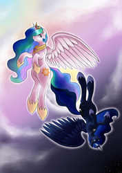 Size: 2480x3507 | Tagged: safe, artist:quila111, princess celestia, princess luna, g4, cloud, day, duo, flying, full body, glowing, looking at someone, looking away, looking back, night, royal sisters, siblings, sisters, upside down