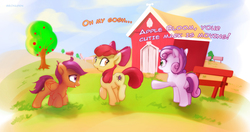 Size: 1929x1016 | Tagged: safe, artist:mechagen, apple bloom, scootaloo, sweetie belle, earth pony, pegasus, pony, spider, unicorn, g4, apple tree, barn, cutie mark crusaders, dialogue, female, filly, tree