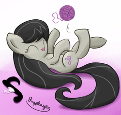 Size: 1000x950 | Tagged: safe, artist:bugplayer, octavia melody, earth pony, pony, g4, :3, behaving like a cat, bugplayer is trying to murder us, cute, eyes closed, female, gradient background, mare, on back, playing, solo, tavibetes, yarn, yarn ball