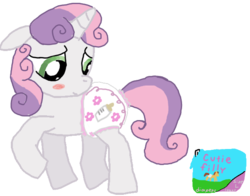 Size: 622x488 | Tagged: safe, artist:orangekittyab, sweetie belle, pony, unicorn, g4, blushing, box, diaper, female, filly, foal, horn, non-baby in diaper, simple background, solo, transparent background