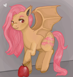 Size: 852x892 | Tagged: safe, artist:superlucky13, fluttershy, bat pony, pony, bats!, g4, apple, female, flutterbat, race swap, solo