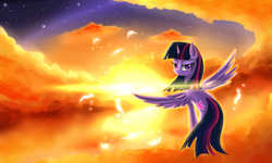 Size: 2100x1260 | Tagged: safe, artist:cyanaeolin, twilight sparkle, alicorn, bird, pony, g4, female, flying, lidded eyes, looking back, mare, solo, spread wings, sunset, twilight sparkle (alicorn), wings