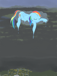 Size: 900x1200 | Tagged: safe, artist:schlachthoffohlen, rainbow dash, g4, cloud, cloudy, eyes closed, female, melting, prone, sleeping, smiling, solo, surreal