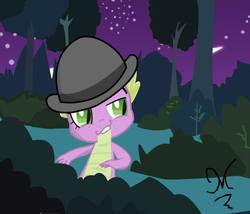 Size: 700x600 | Tagged: source needed, safe, artist:eltipodelbar, spike, daring don't, g4, a clockwork orange, hat, male, meme, parody, smugdash, solo, wat