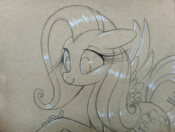 Size: 1199x900 | Tagged: safe, artist:prettypinkpony, fluttershy, pegasus, pony, worm, g4, female, grayscale, long eyelashes, monochrome, solo